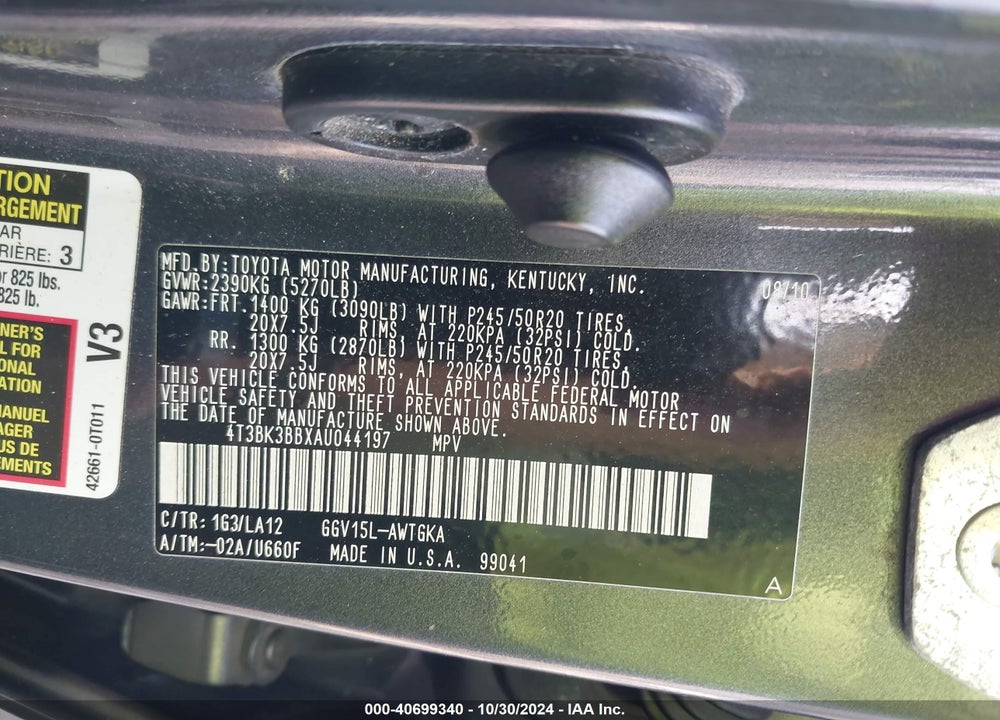 2010 TOYOTA VENZA BASE V6 VIN: 4T3BK3BBXAU044197