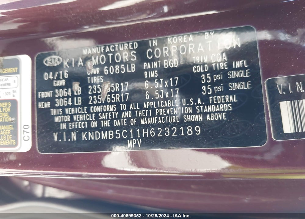 2017 KIA SEDONA LX VIN: KNDMB5C11H6232189