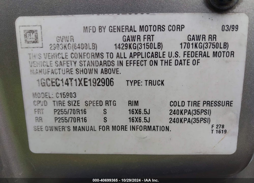 1999 CHEVROLET SILVERADO 1500 LS VIN: 1GCEC14T1XE192906