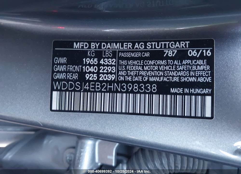 2017 MERCEDES-BENZ CLA 250 VIN: WDDSJ4EB2HN398338