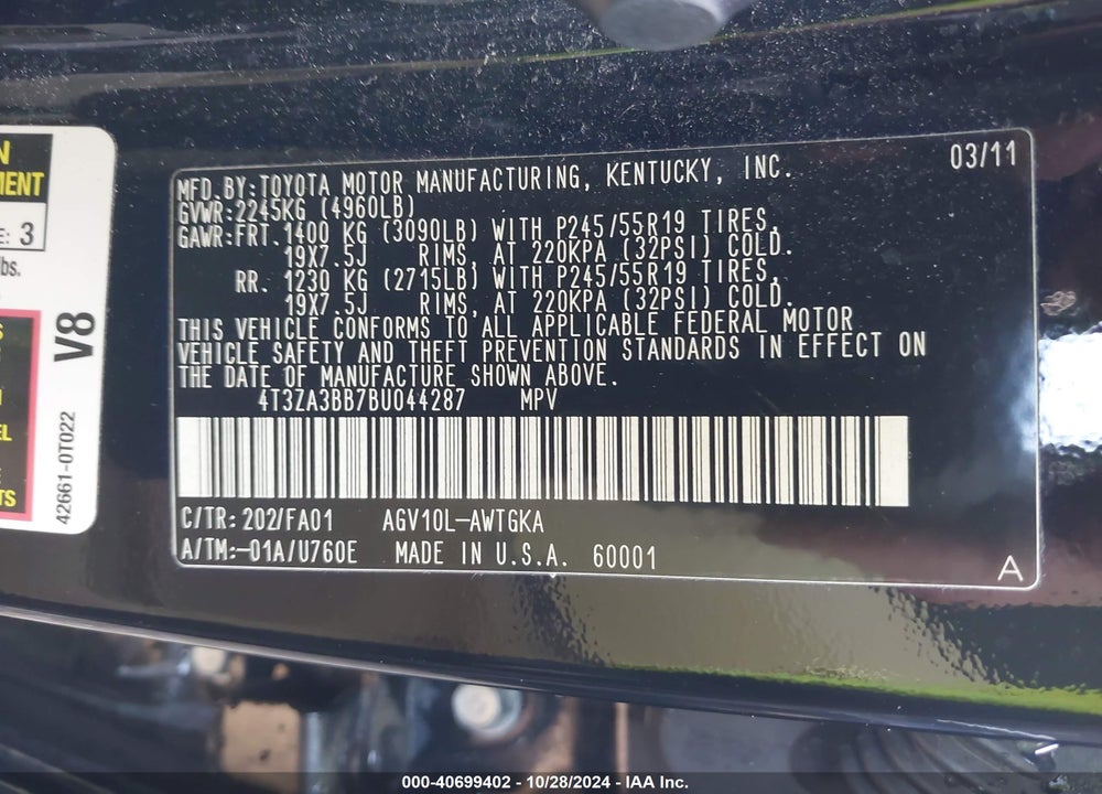 2011 TOYOTA VENZA VIN: 4T3ZA3BB7BU044287