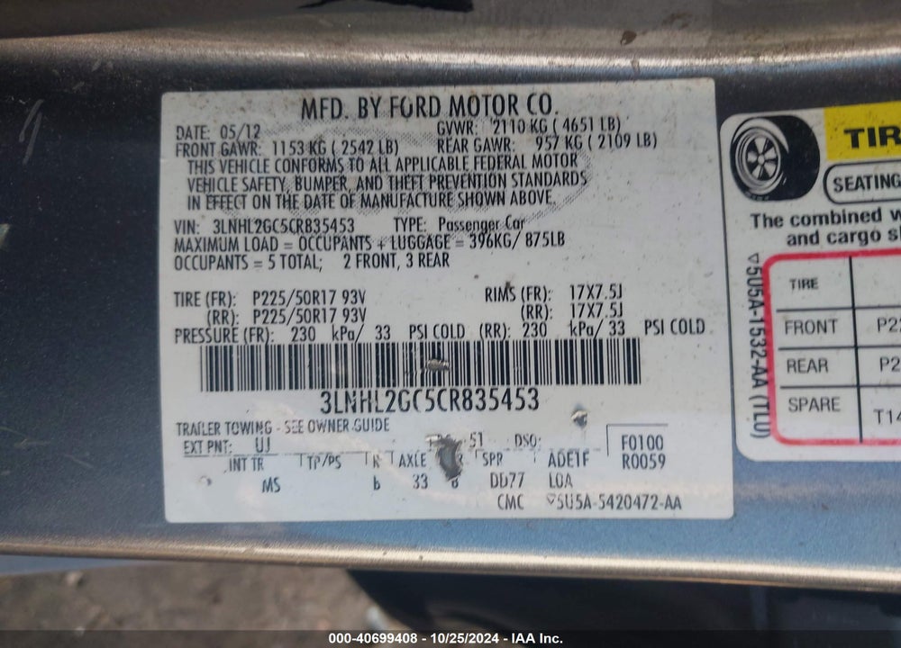 2012 LINCOLN MKZ VIN: 3LNHL2GC5CR835453
