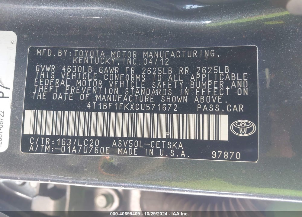 2012 TOYOTA CAMRY SE VIN: 4T1BF1FKXCU571672