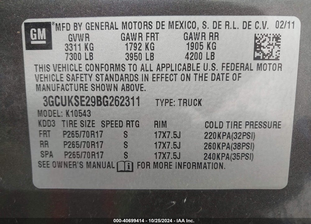 2011 CHEVROLET SILVERADO 1500 LT VIN: 3GCUKSE29BG262311