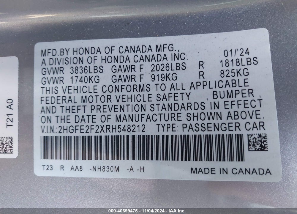 2024 HONDA CIVIC LX VIN: 2HGFE2F2XRH548212