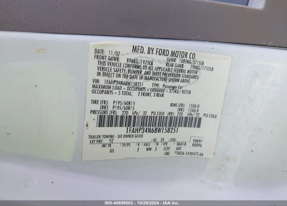 2008 FORD FOCUS S VIN: 1FAHP34N68W158251