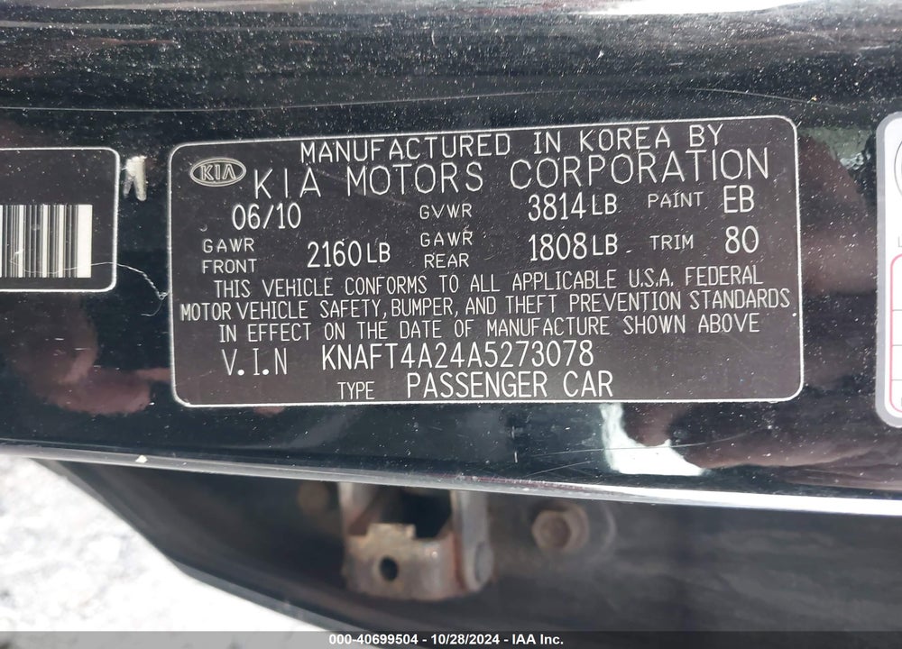 2010 KIA FORTE LX VIN: KNAFT4A24A5273078