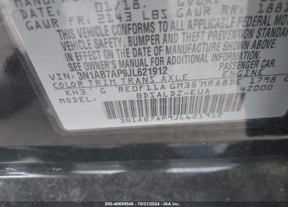 2018 NISSAN SENTRA SV VIN: 3N1AB7AP9JL621912