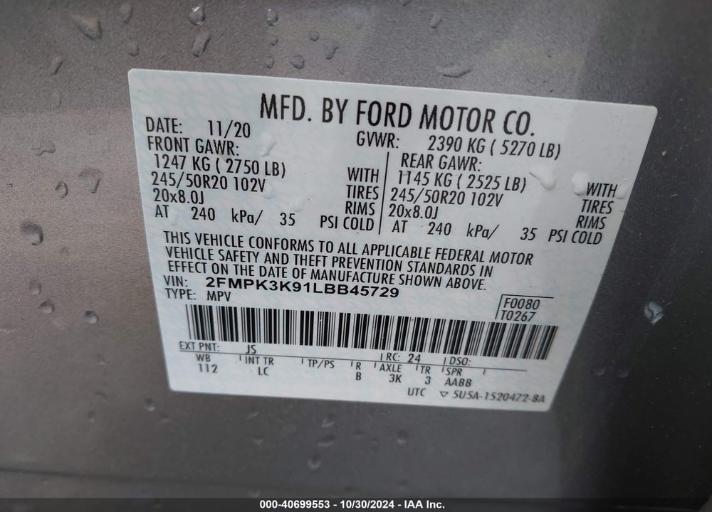 2020 FORD EDGE TITANIUM VIN: 2FMPK3K91LBB45729