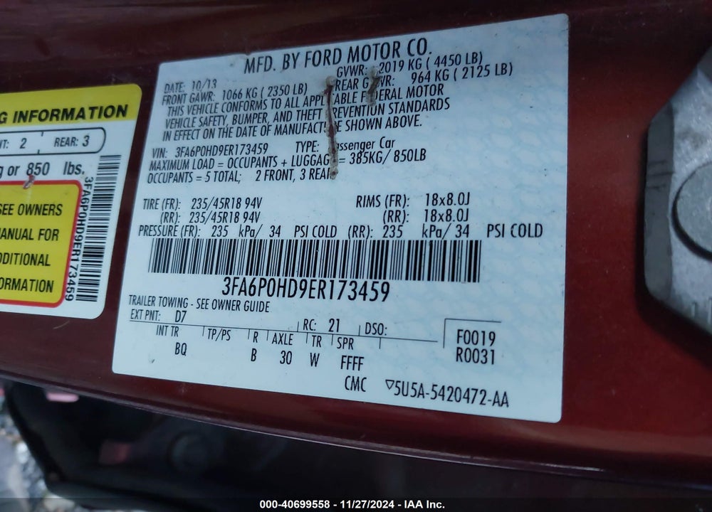 2014 FORD FUSION SE VIN: 3FA6P0HD9ER173459