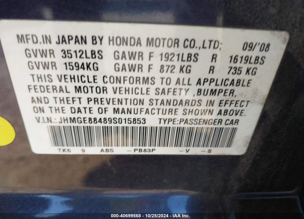 2009 HONDA FIT SPORT VIN: JHMGE88489S015853