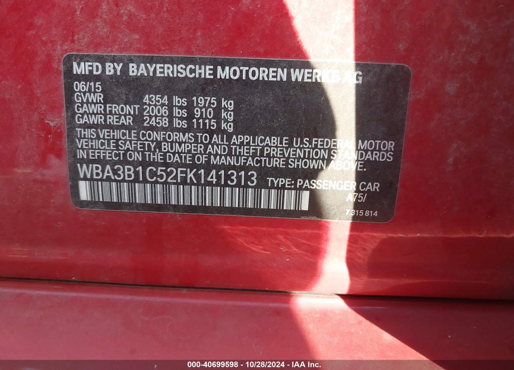 2015 BMW 320I VIN: WBA3B1C52FK141313