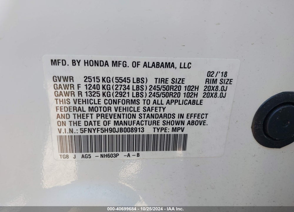 2018 HONDA PILOT TOURING VIN: 5FNYF5H90JB008913