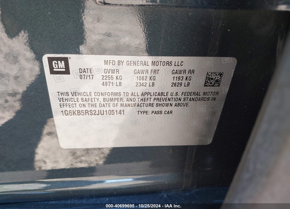 2018 CADILLAC CT6 STANDARD VIN: 1G6KB5RS2JU105141