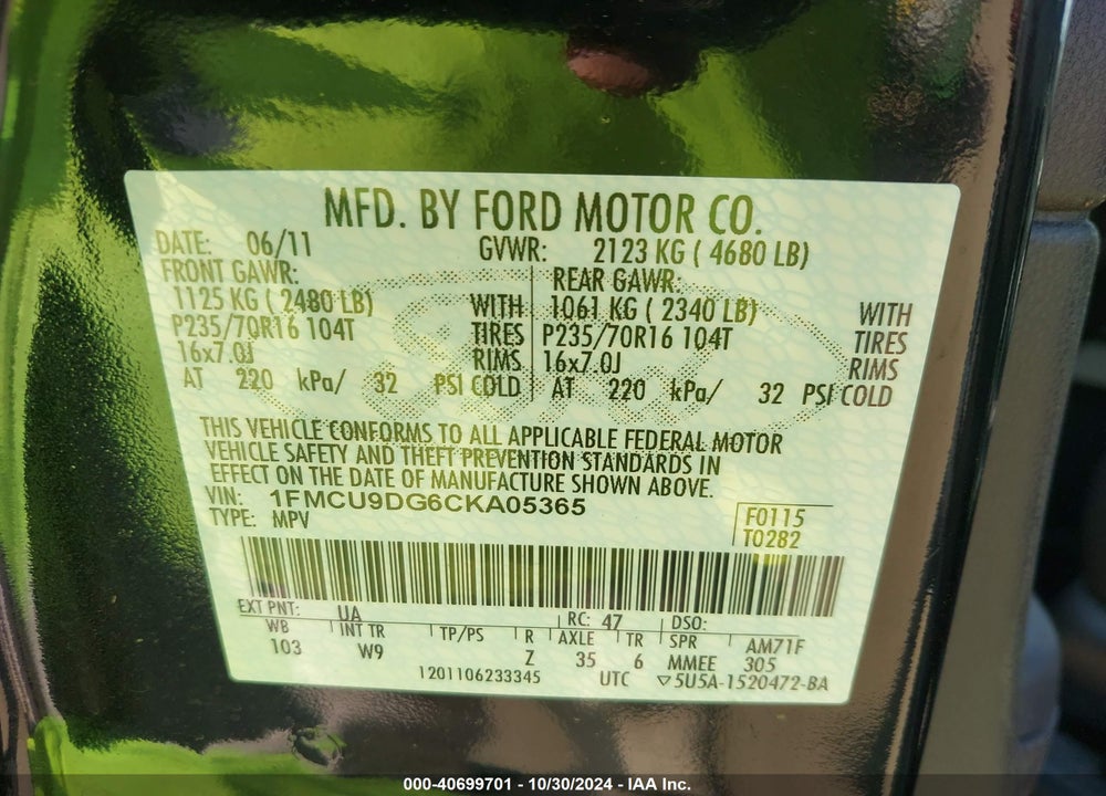 2012 FORD ESCAPE XLT VIN: 1FMCU9DG6CKA05365