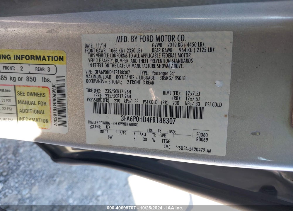 2015 FORD FUSION SE VIN: 3FA6P0HD4FR188307