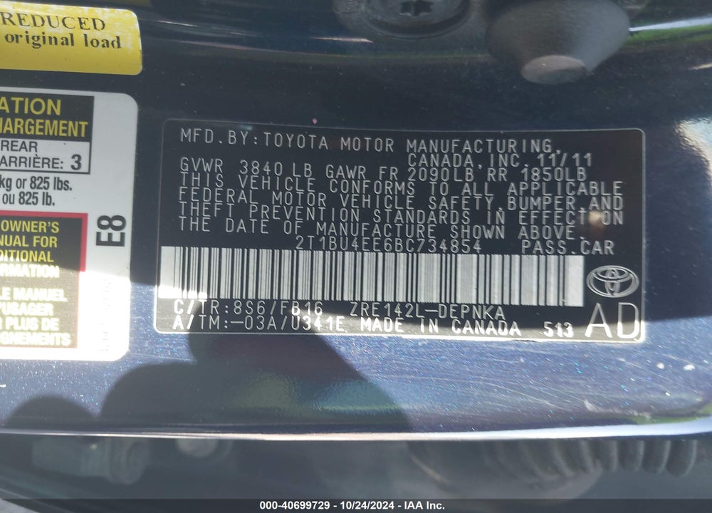 2011 TOYOTA COROLLA LE VIN: 2T1BU4EE6BC734854