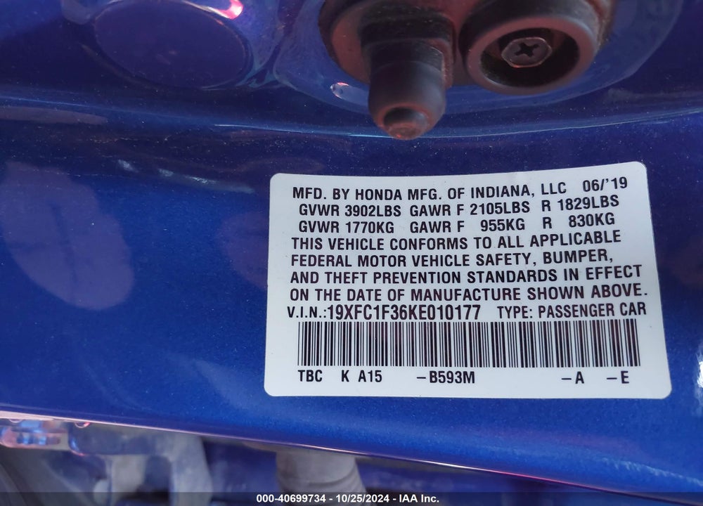 2019 HONDA CIVIC VIN: 19XFC1F36KE010177