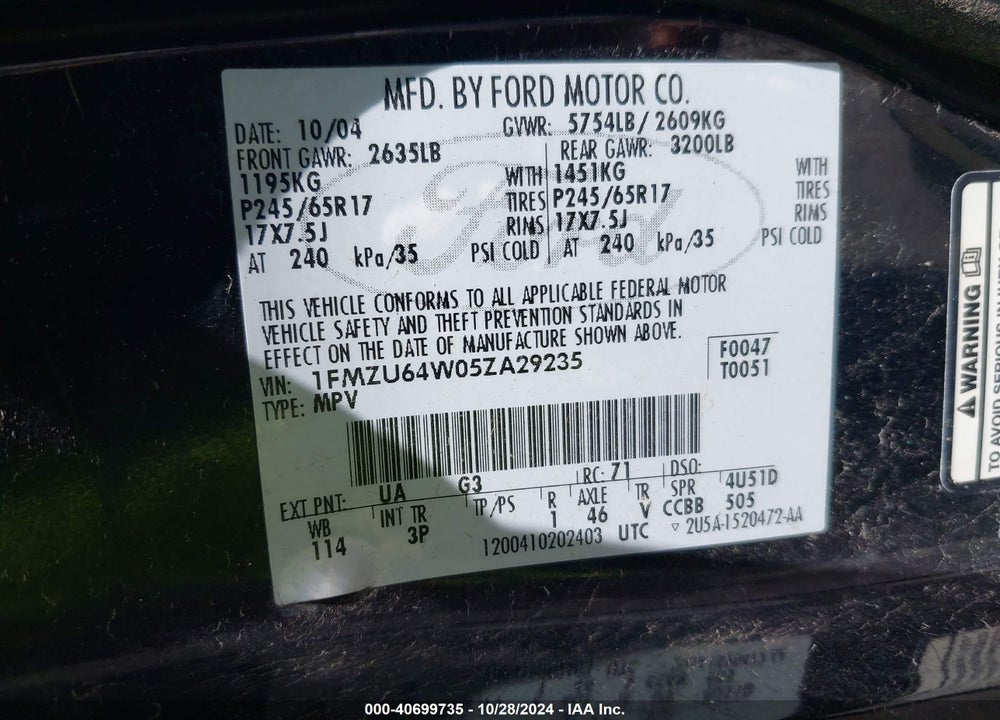 2005 FORD EXPLORER EDDIE BAUER VIN: 1FMZU64W05ZA29235