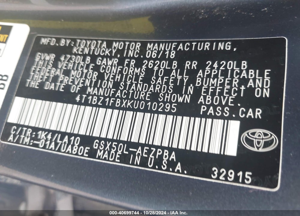 2019 TOYOTA AVALON LIMITED VIN: 4T1BZ1FBXKU010295