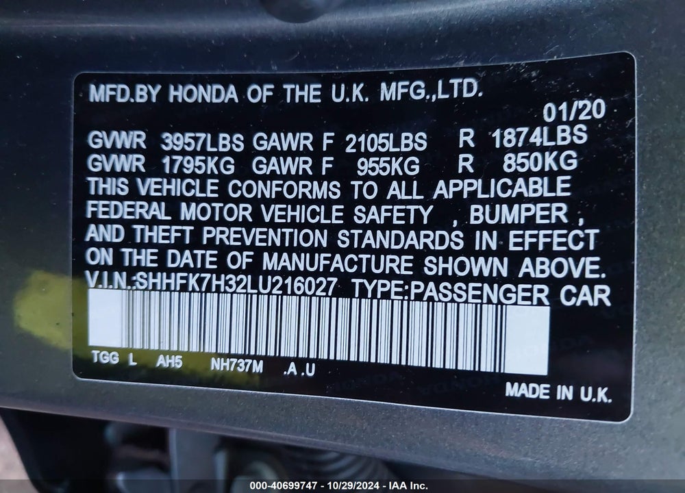 2020 HONDA CIVIC LX VIN: SHHFK7H32LU216027