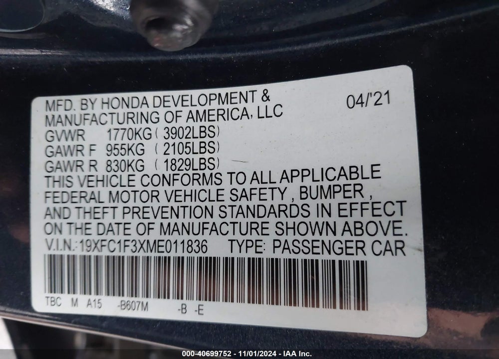 2021 HONDA CIVIC EX VIN: 19XFC1F3XME011836
