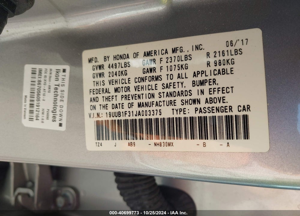 2018 ACURA TLX VIN: 19UUB1F31JA003375