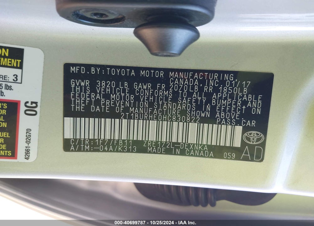 2017 TOYOTA COROLLA LE VIN: 2T1BURHE0HC830822