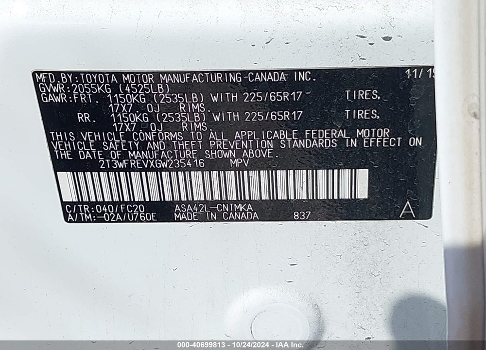 2016 TOYOTA RAV4 XLE VIN: 2T3WFREVXGW235416