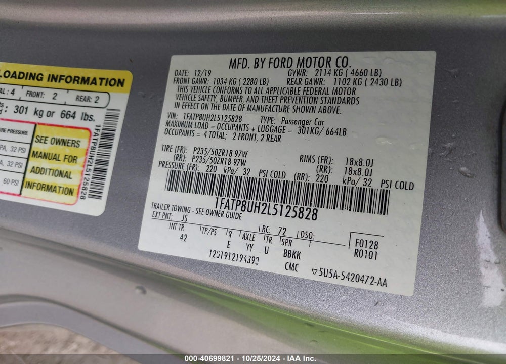2020 FORD MUSTANG ECOBOOST PREMIUM VIN: 1FATP8UH2L5125828