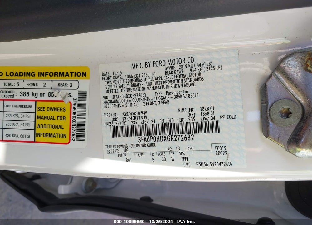 2016 FORD FUSION SE VIN: 3FA6P0HDXGR272682