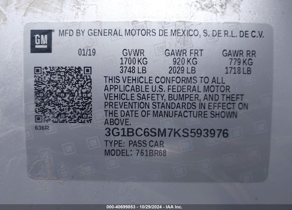 2019 CHEVROLET CRUZE LS VIN: 3G1BC6SM7KS593976