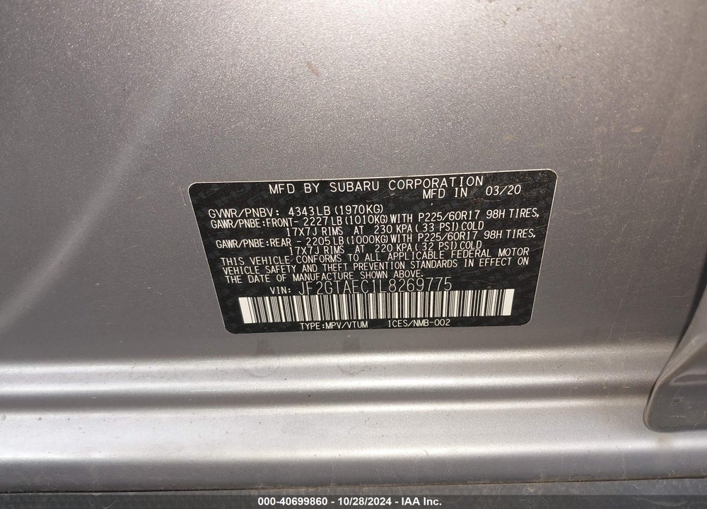 2020 SUBARU CROSSTREK PREMIUM VIN: JF2GTAEC1L8269775