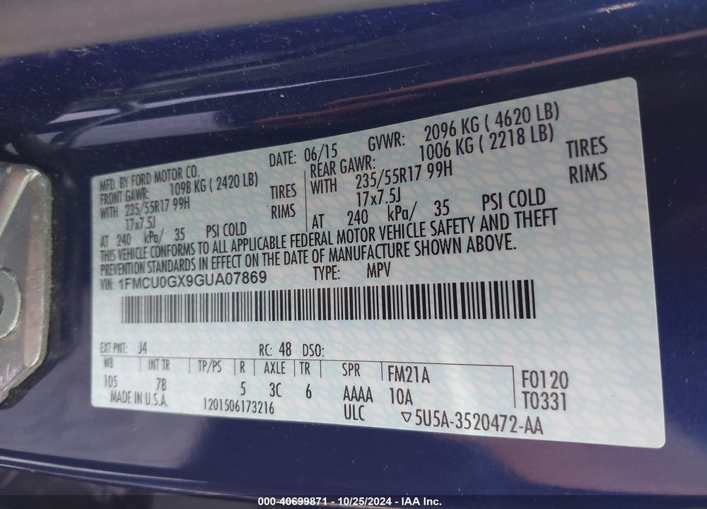 2016 FORD ESCAPE SE VIN: 1FMCU0GX9GUA07869