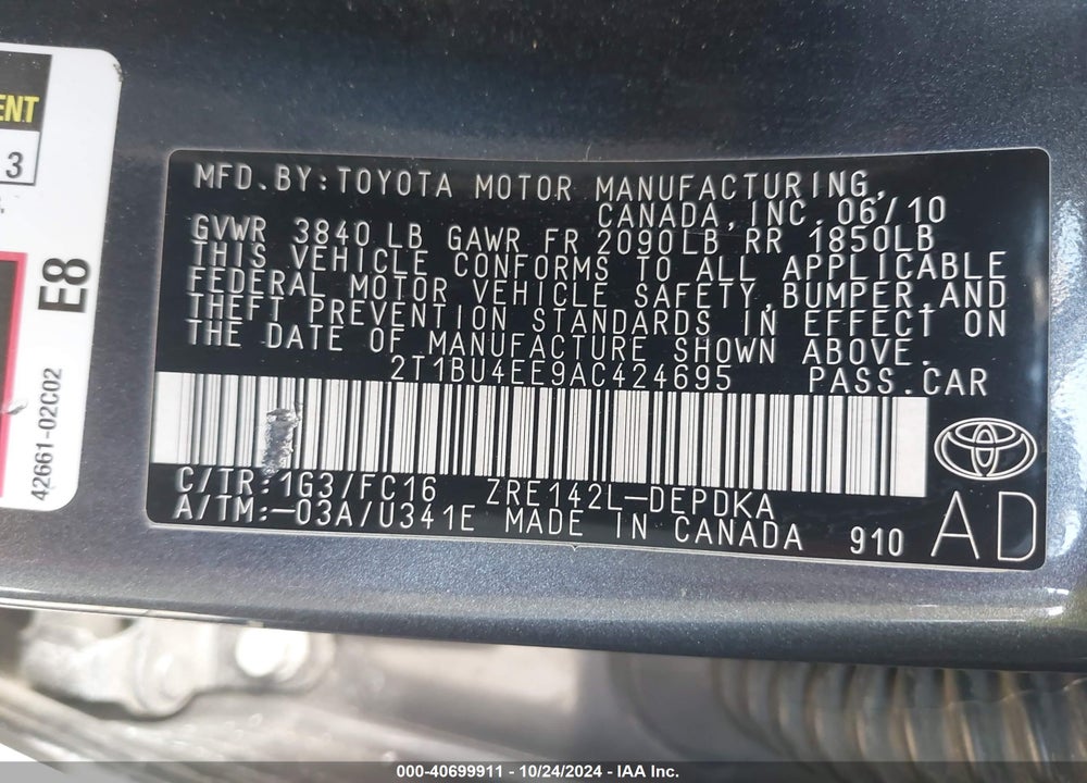 2010 TOYOTA COROLLA LE VIN: 2T1BU4EE9AC424695