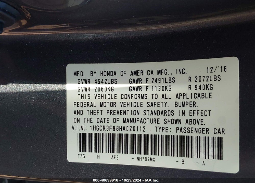 2017 HONDA ACCORD TOURING V6 VIN: 1HGCR3F98HA020112