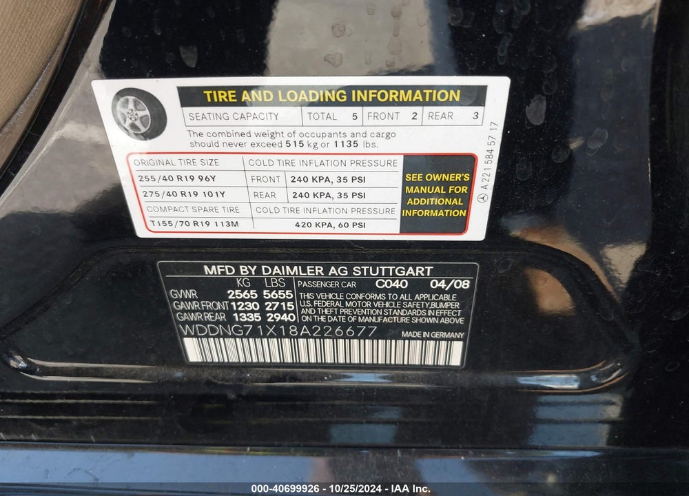 2008 MERCEDES-BENZ S 550 VIN: WDDNG71X18A226677
