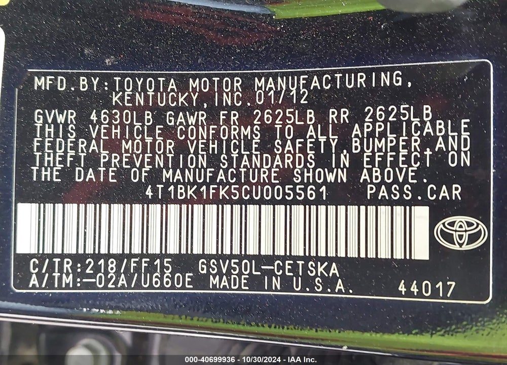 2012 TOYOTA CAMRY SE V6 VIN: 4T1BK1FK5CU005561