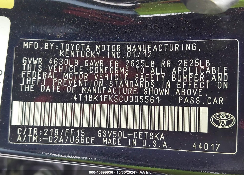 2012 TOYOTA CAMRY SE V6 VIN: 4T1BK1FK5CU005561