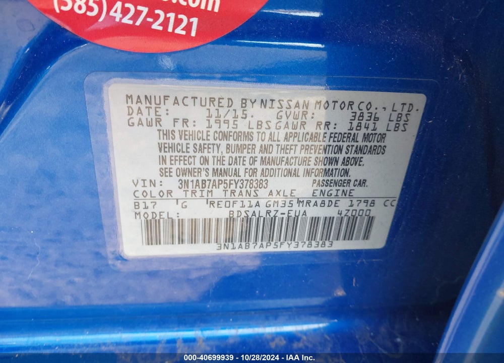 2015 NISSAN SENTRA SR VIN: 3N1AB7AP5FY378383