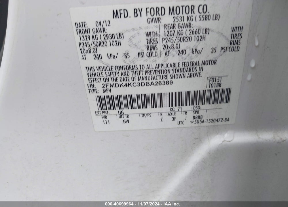 2013 FORD EDGE LIMITED VIN: 2FMDK4KC3DBA26389