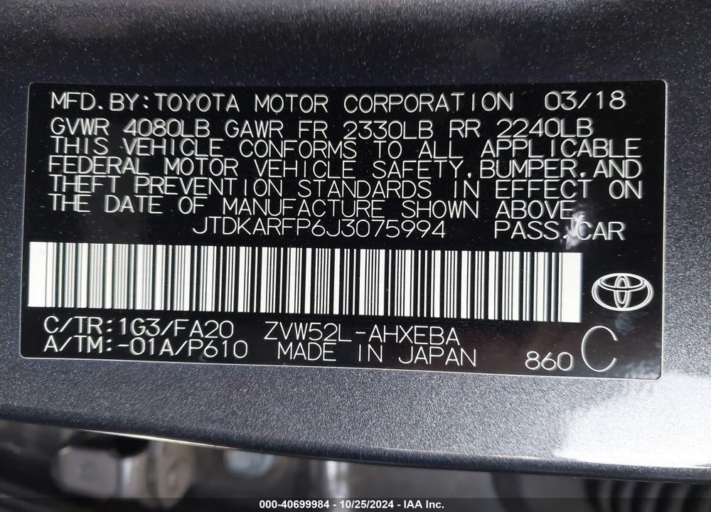2018 TOYOTA PRIUS PRIME PLUS VIN: JTDKARFP6J3075994