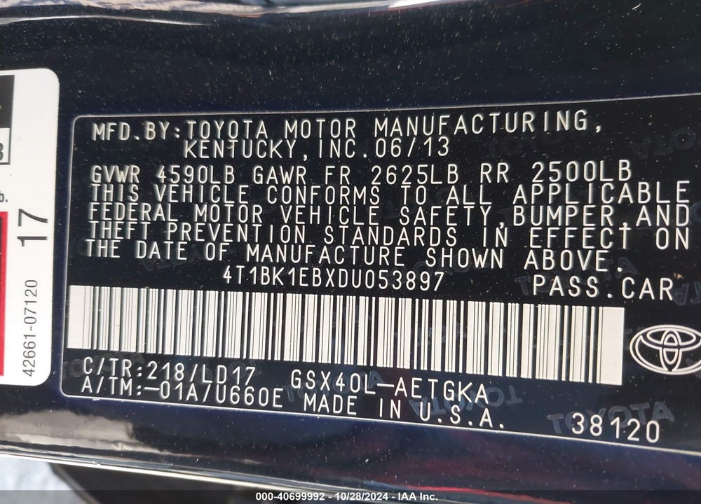 2013 TOYOTA AVALON XLE VIN: 4T1BK1EBXDU053897