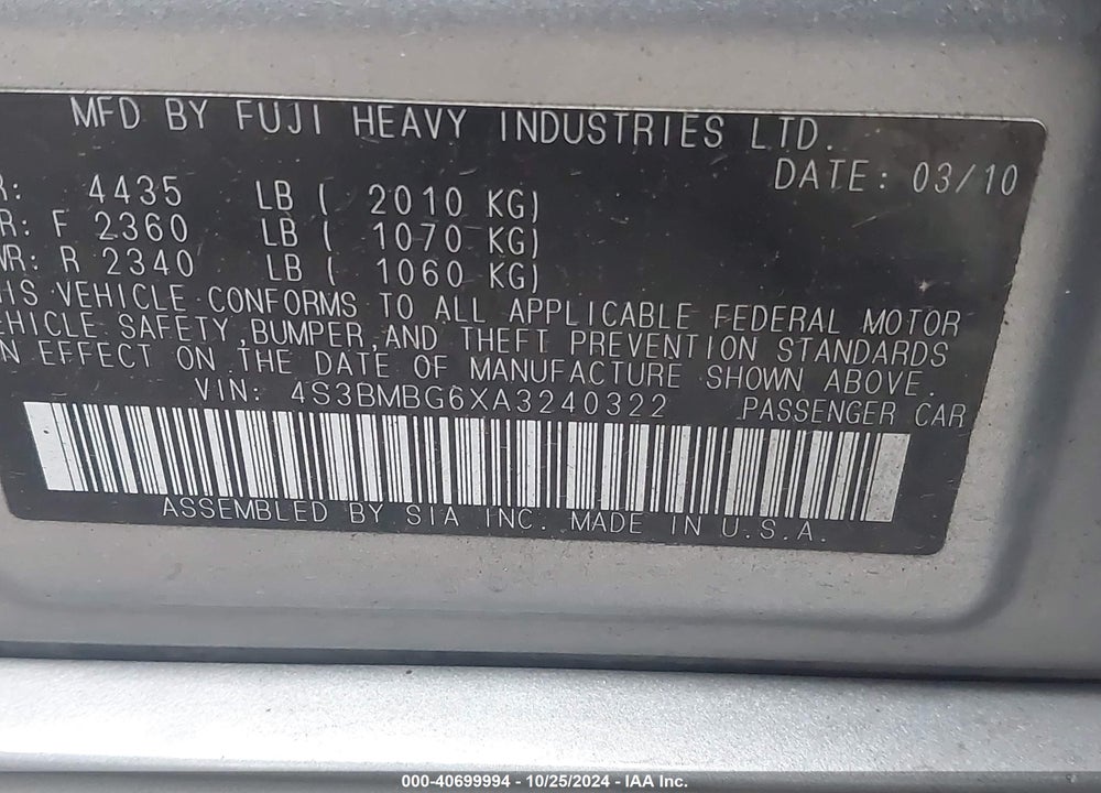 2010 SUBARU LEGACY 2.5I PREMIUM VIN: 4S3BMBG6XA3240322