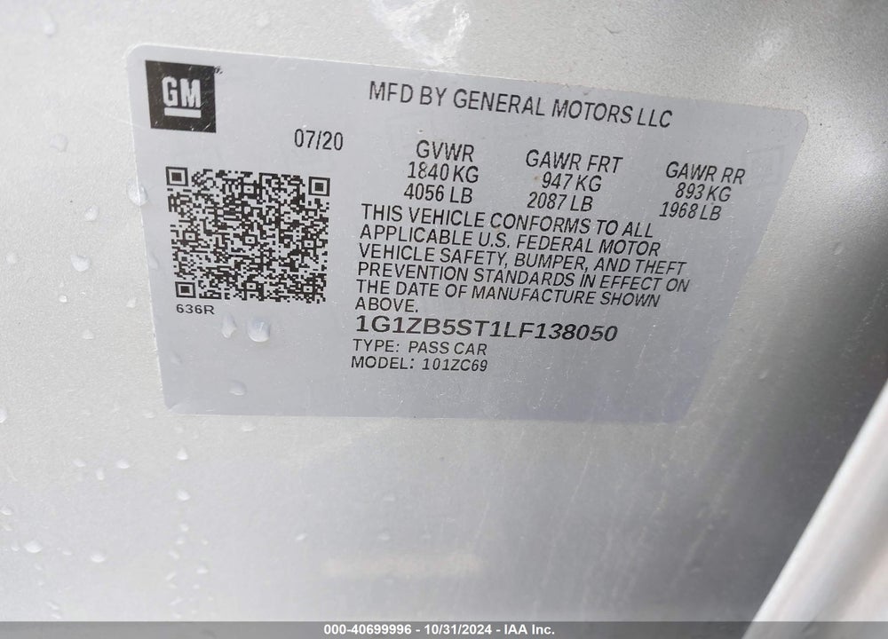2020 CHEVROLET MALIBU FWD LS VIN: 1G1ZB5ST1LF138050