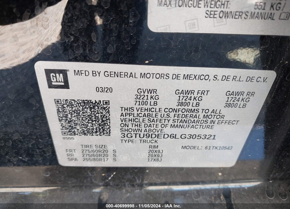2020 GMC SIERRA 1500 4WD SHORT BOX SLT VIN: 3GTU9DED6LG305321