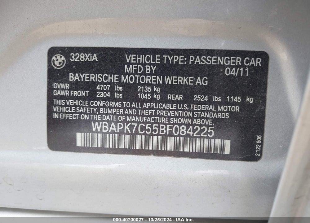 2011 BMW 328I XDRIVE VIN: WBAPK7C55BF084225