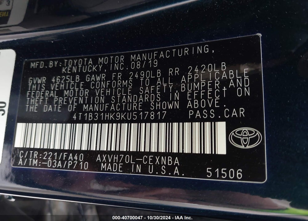 2019 TOYOTA CAMRY HYBRID LE VIN: 4T1B31HK9KU517817