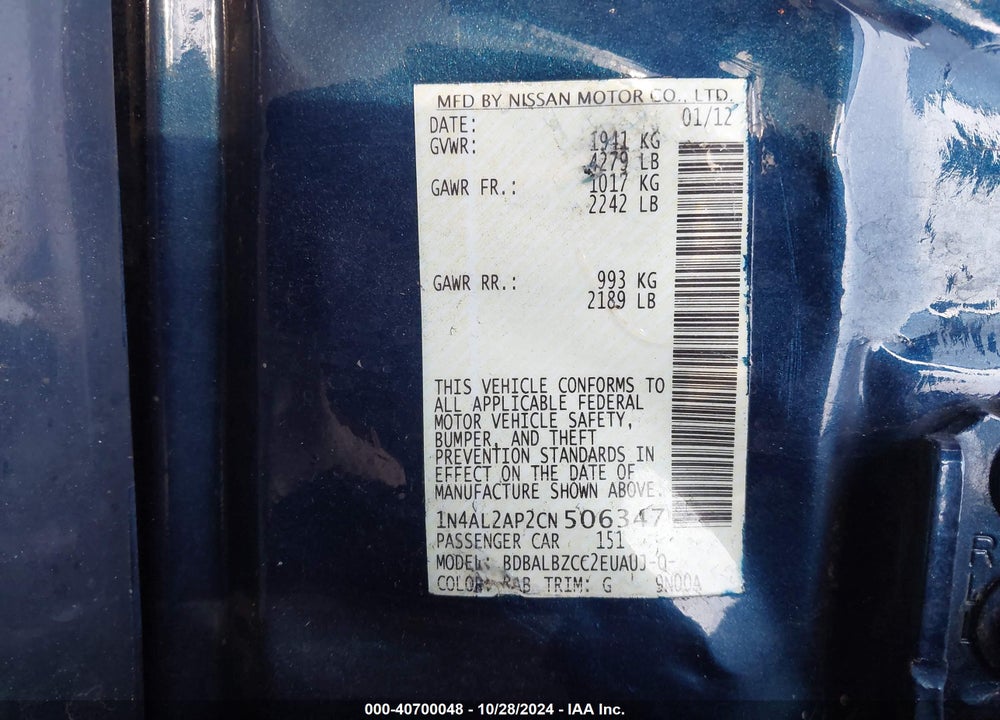 2012 NISSAN ALTIMA 2.5 S VIN: 1N4AL2AP2CN506347