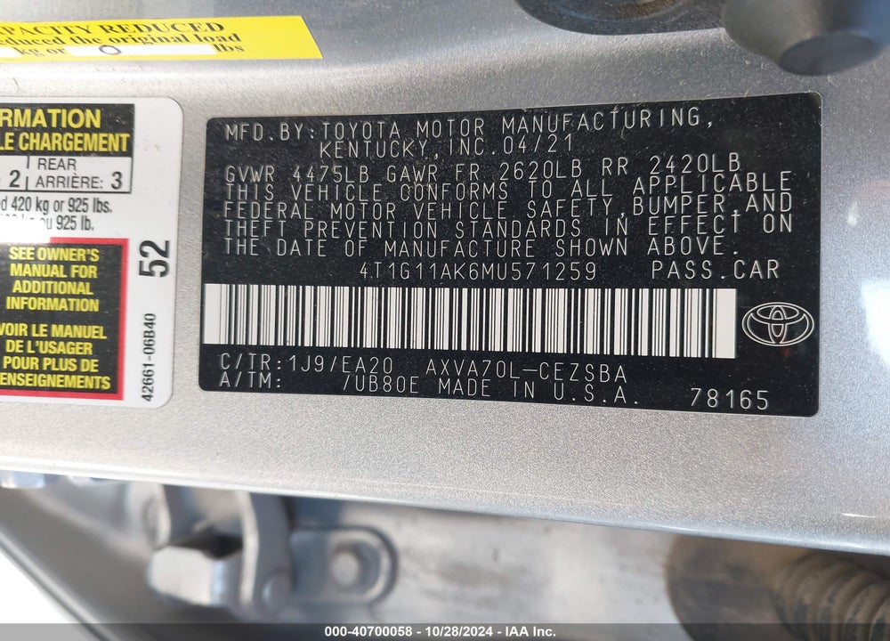 2021 TOYOTA CAMRY SE VIN: 4T1G11AK6MU571259